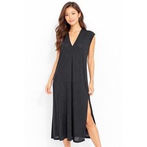 H&M Black Sleeveless Knit Midi Dress V-Neck Side Slit Tunic L Resortwear 102-21